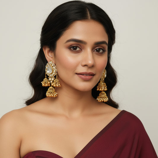 White Rajwadi Jhumka Pair - Model