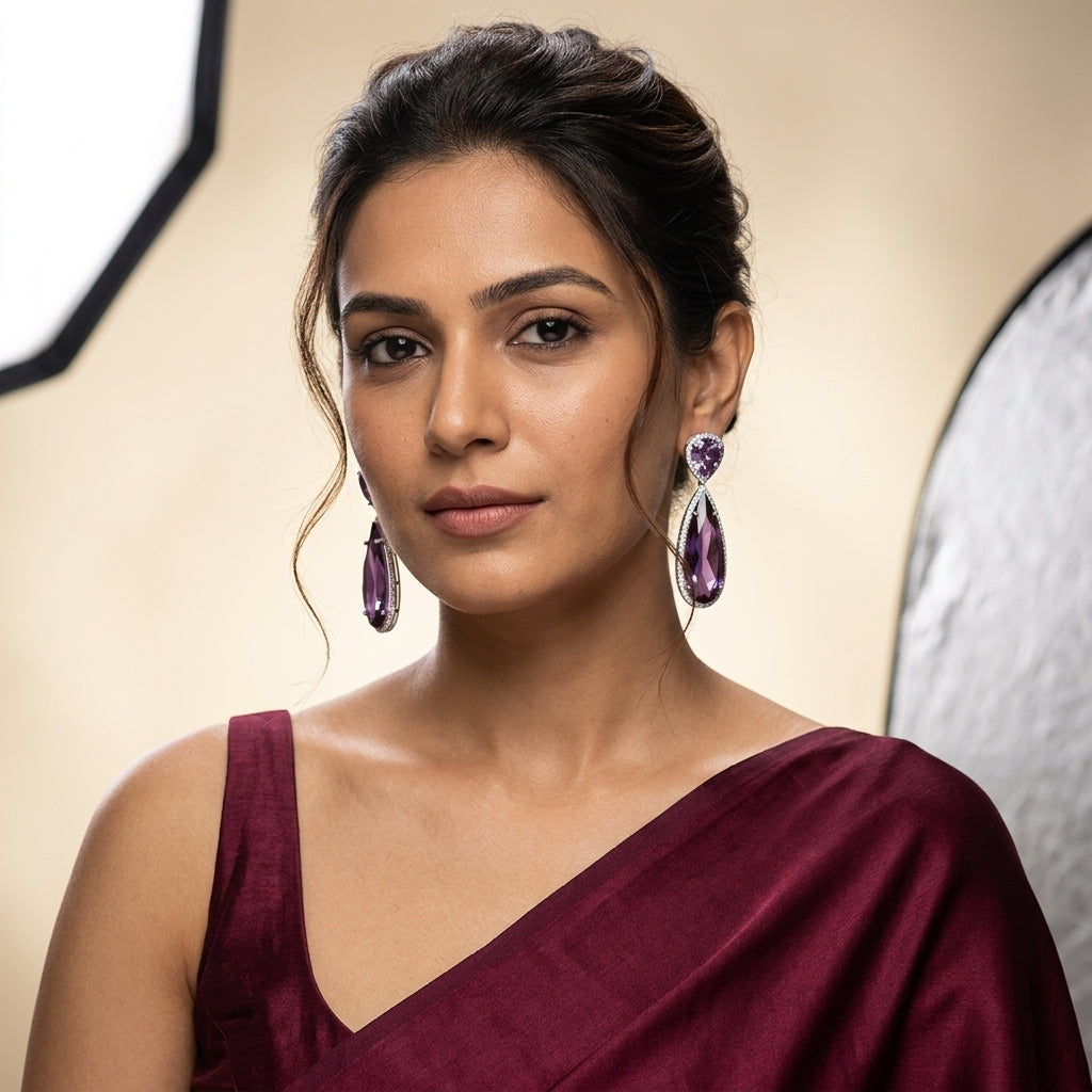 Purple Regal Halo Earrings - Model