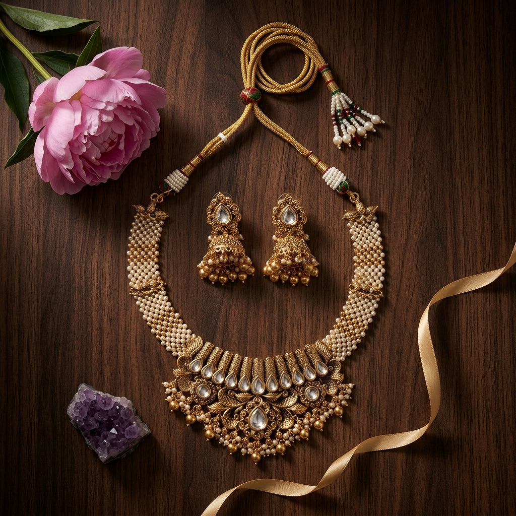 White and Clear Floral Jhumka Necklace Set - Tabletop