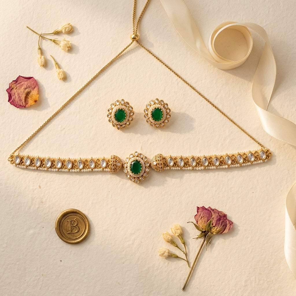Green and White Ornate Kundan Choker Set - Tabletop