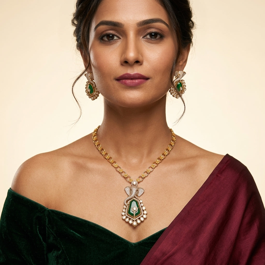 Green and White Elephant Floral Necklace Set - Model