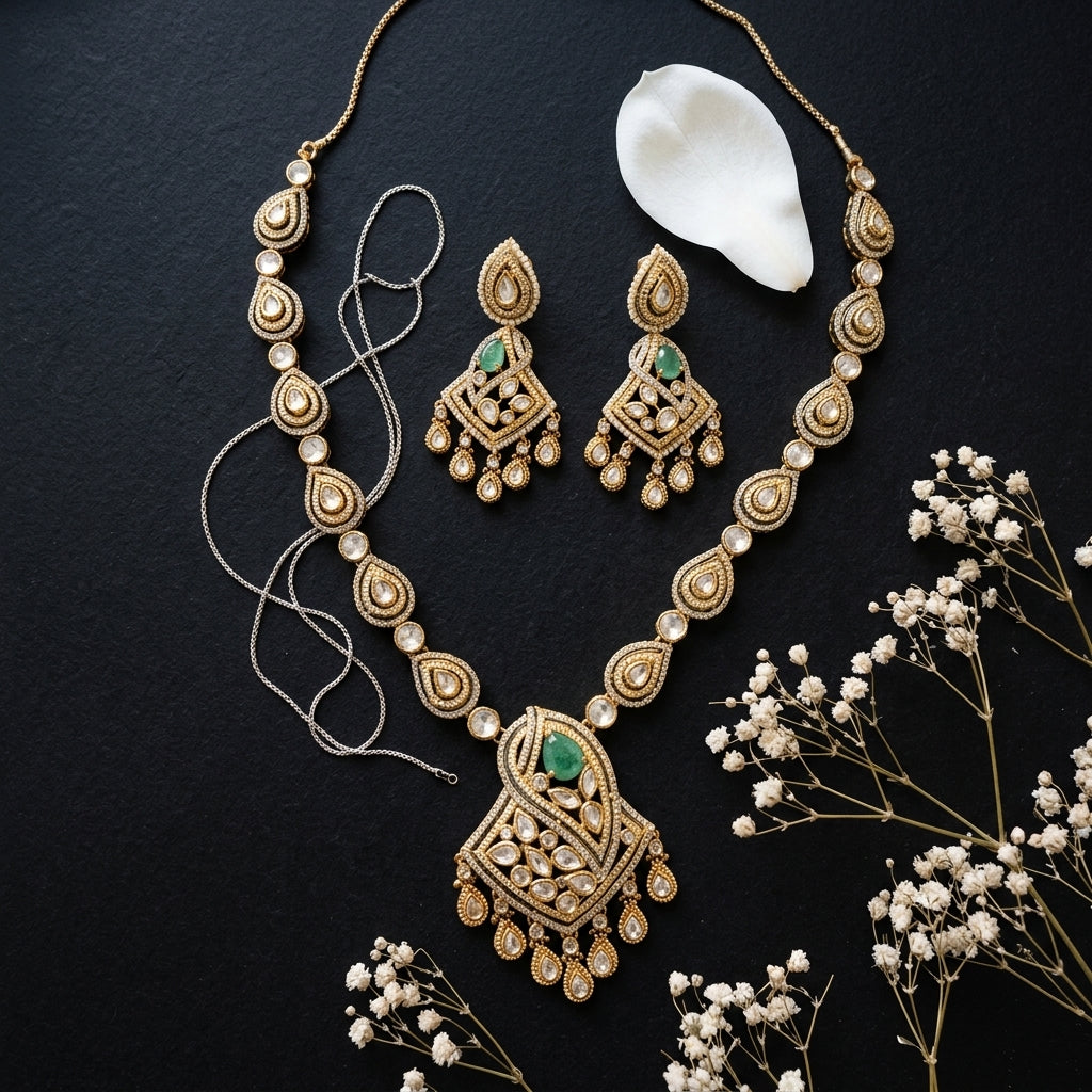 Mint White Victorian Teardrop Necklace Set - Tabletop