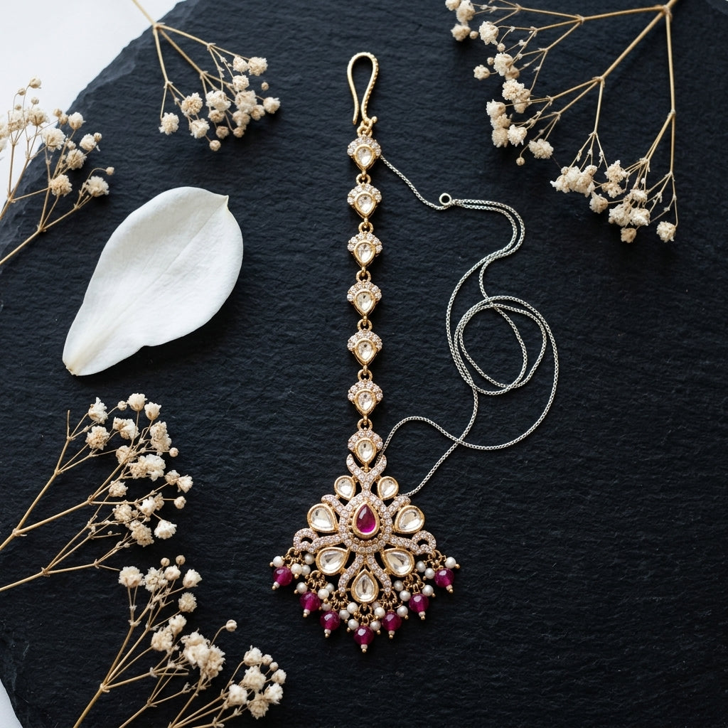 Ruby and White Floral Cluster Maang Tikka - Tabletop
