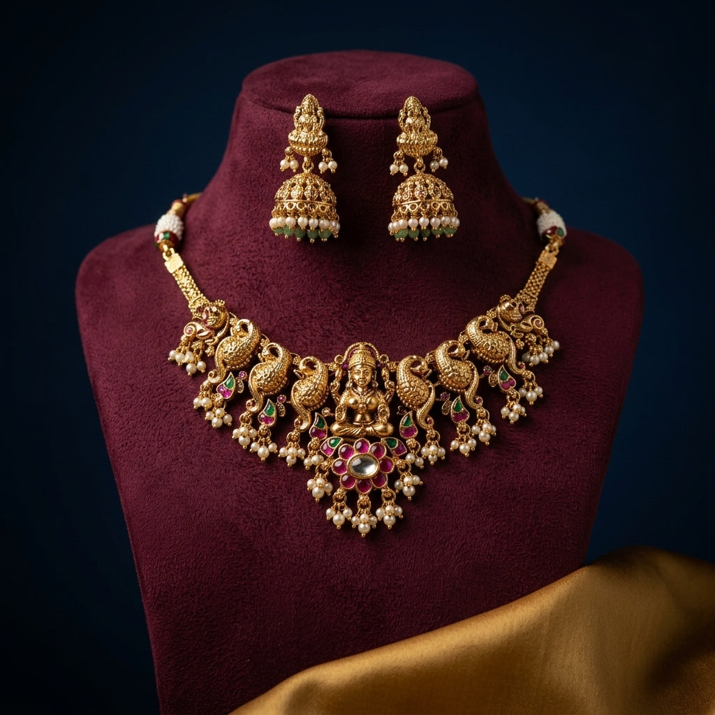 Multi Temple Peacock Necklace Set - Mannequin