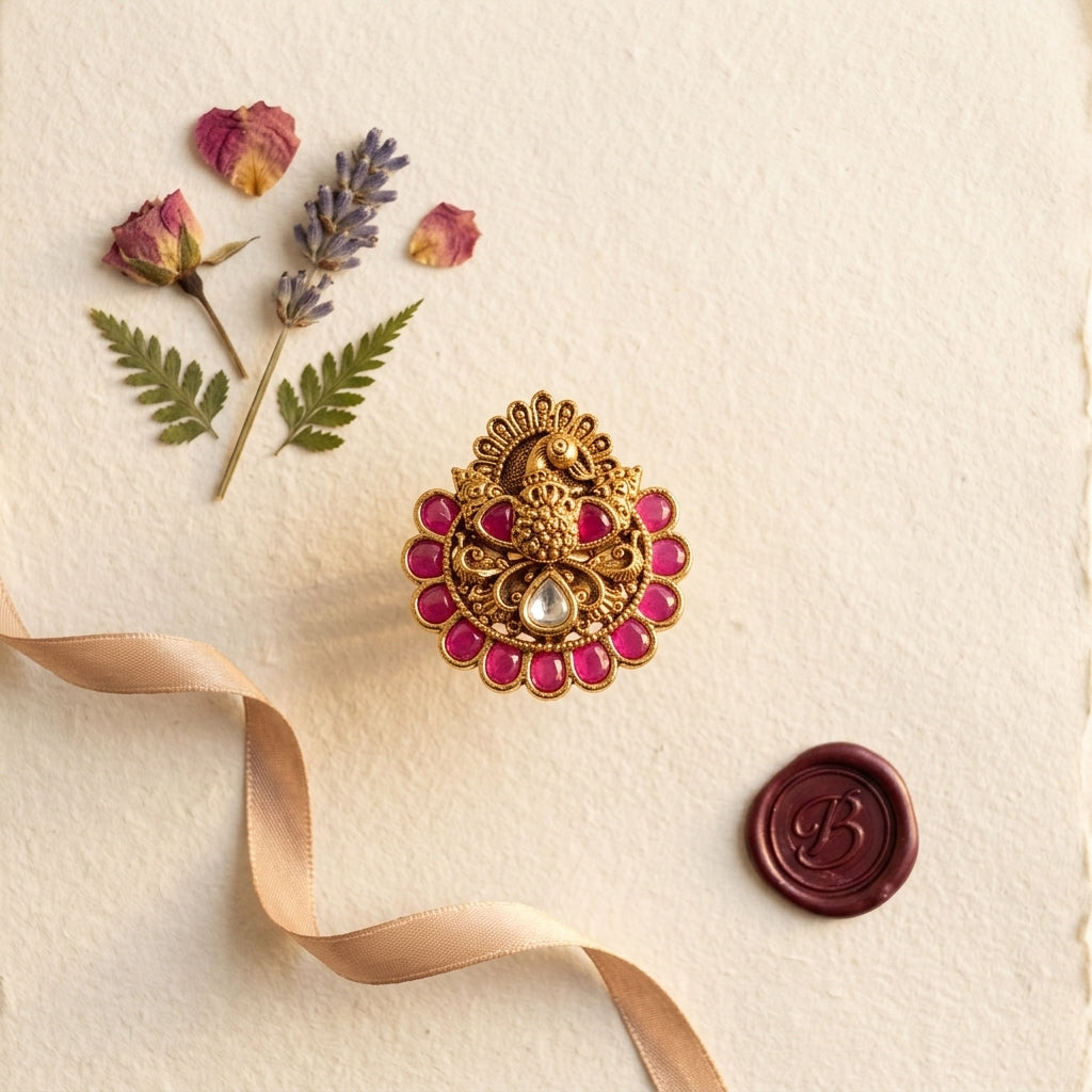 Ruby and Clear Peacock Floral Ring - Tabletop