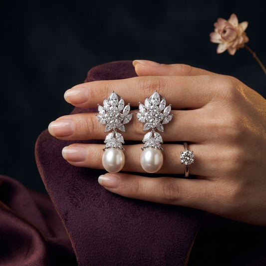 Clear and White Floral Cluster Pearl Drop Earrings - Mannequin
