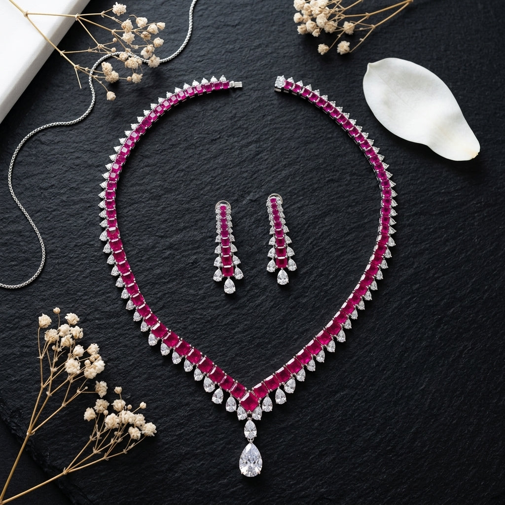 Magenta Geometric V-Drop Necklace Set - Tabletop