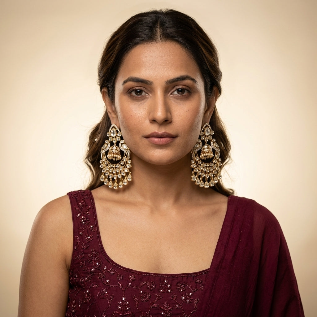 White Mughal Crescent Chandbali Earrings - Model