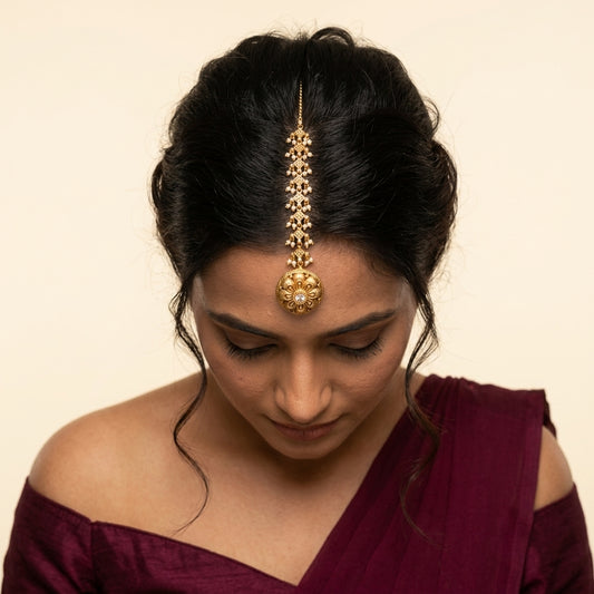 White and Clear Geometric Pearl Floral Maang Tikka - Model