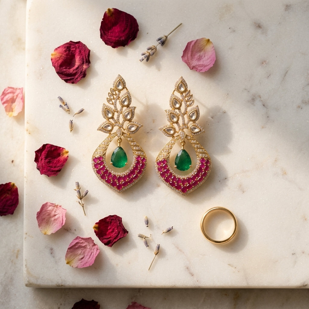 Ruby Green Heritage Kundan Earrings - Tabletop