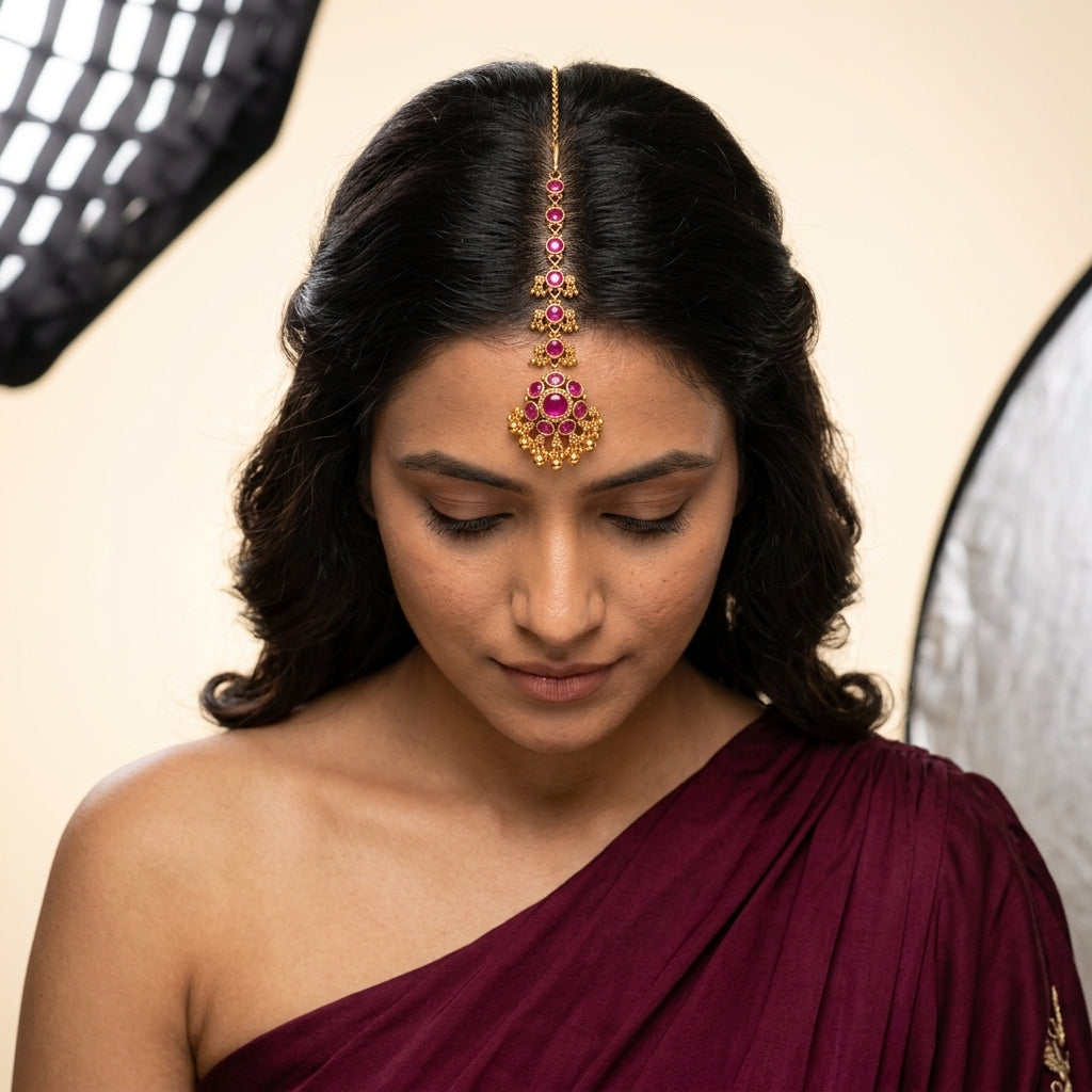 Ruby Cluster Jhumki Maang Tikka - Model