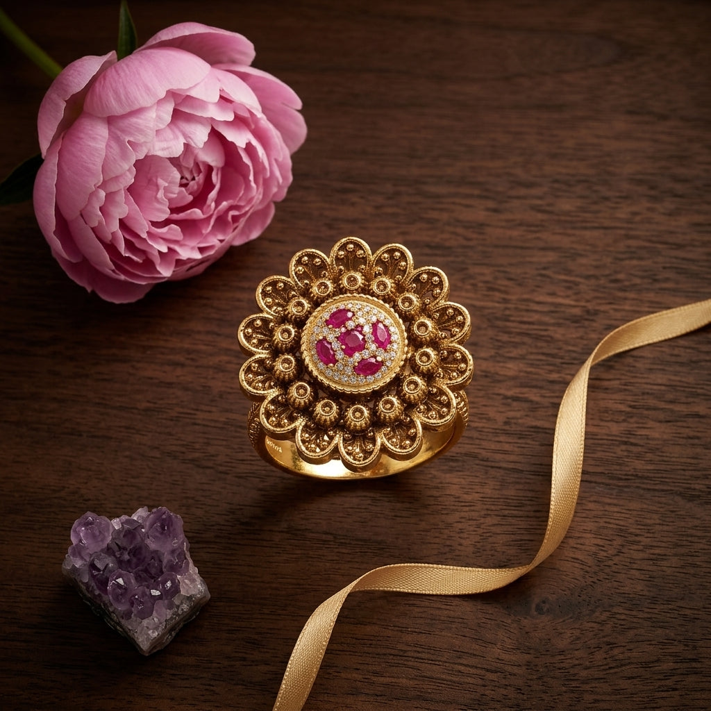 Ruby Floral Cluster Ring - Tabletop