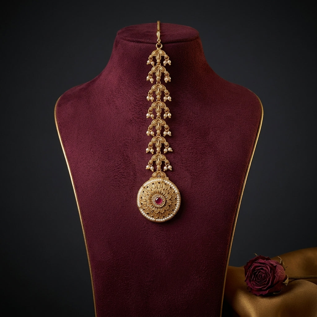 Ruby and Pearl Floral Leaf Maang Tikka - Mannequin