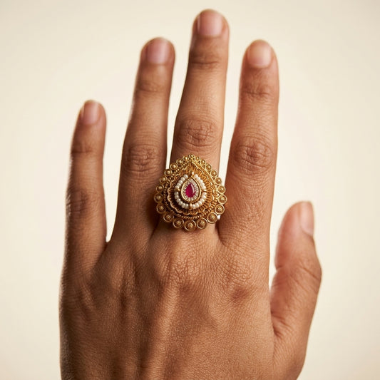 Ruby and White Intricate Floral Teardrop Ring - Model