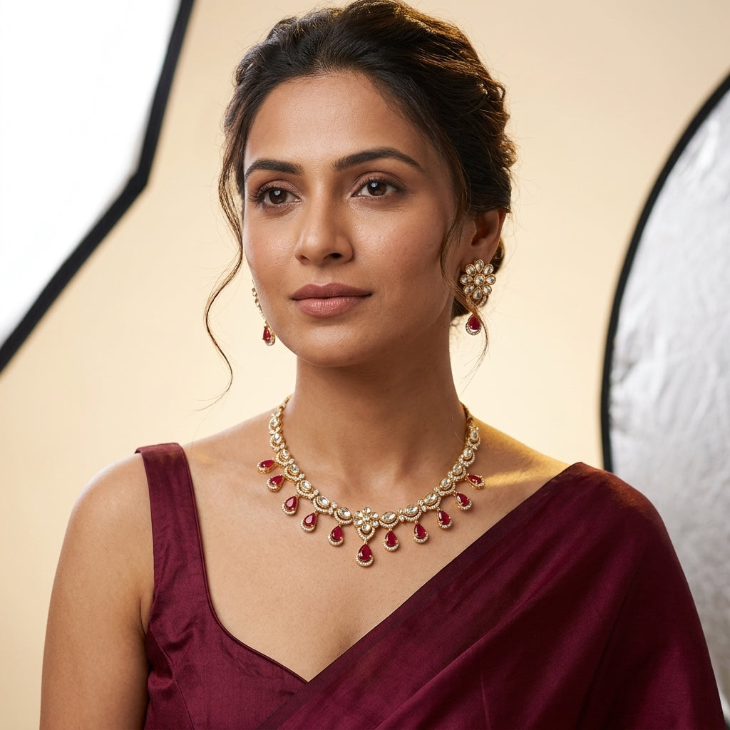 Ruby Red and White Floral Teardrop Necklace Set - Model