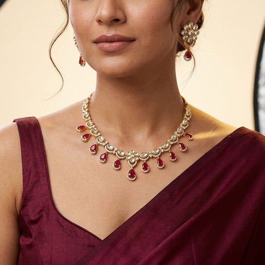 Ruby Red and White Floral Teardrop Necklace Set - Model