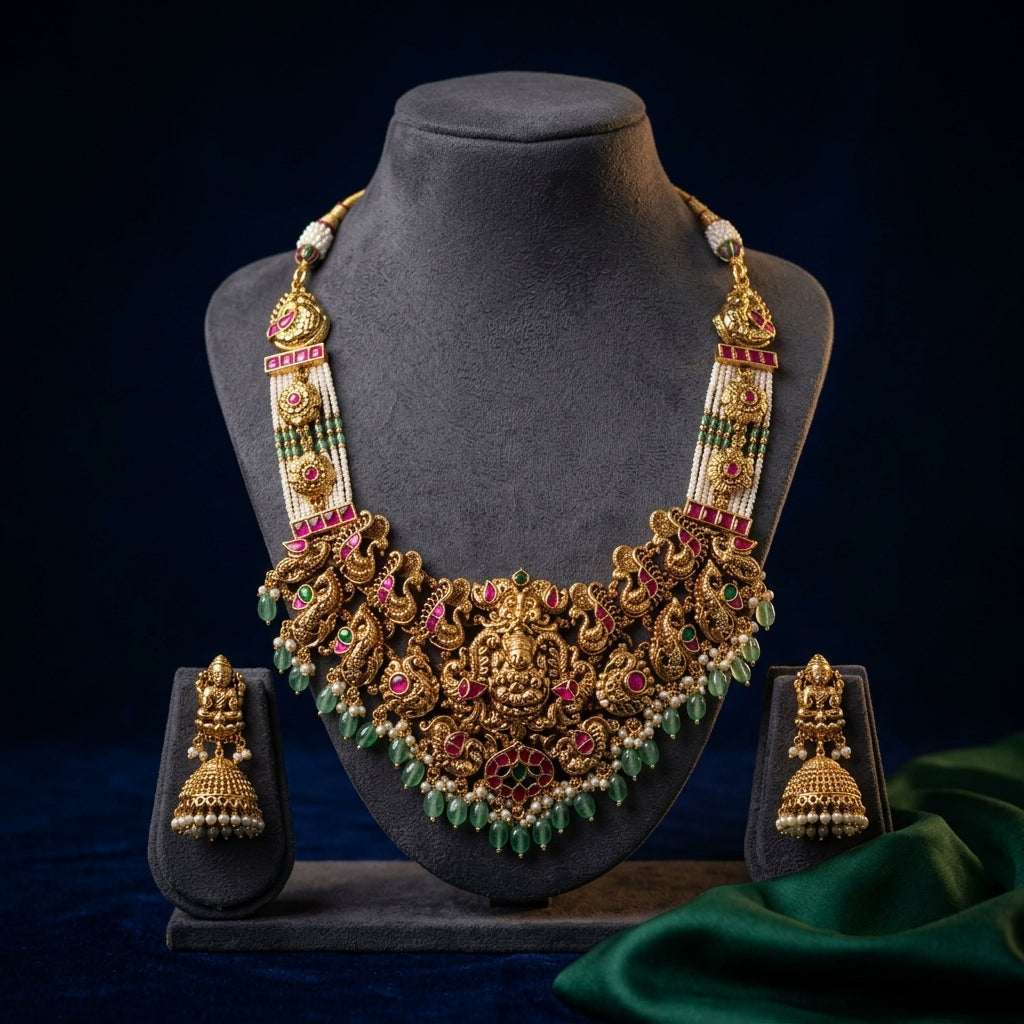 Ruby Green Temple Peacock Necklace Set - Mannequin