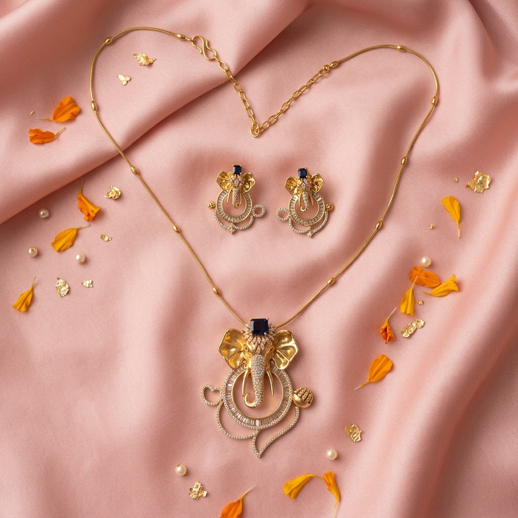 Blue and Clear Ganesha Elephant Necklace Set - Tabletop