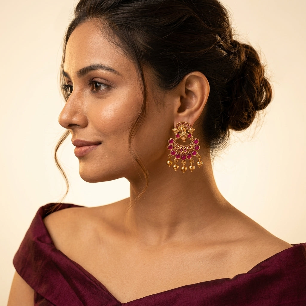 Ruby Peacock Chandbali Earrings - Model