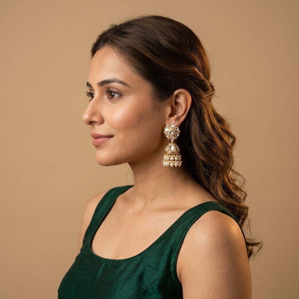 White Floral Polki Jhumka Earrings - Model