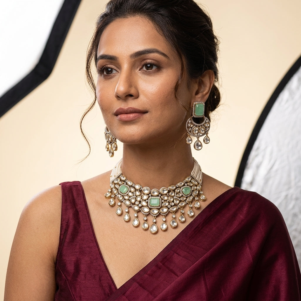 Mint White Kundan Cluster Choker Set - Model