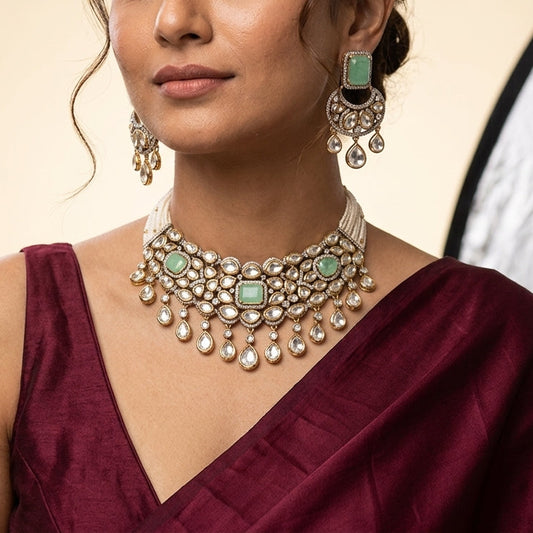 Mint White Kundan Cluster Choker Set - Model