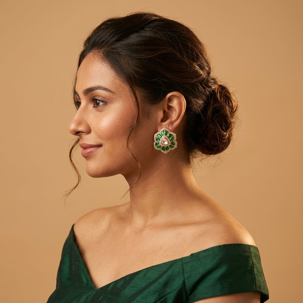 Green Floral Cluster Earrings - Model