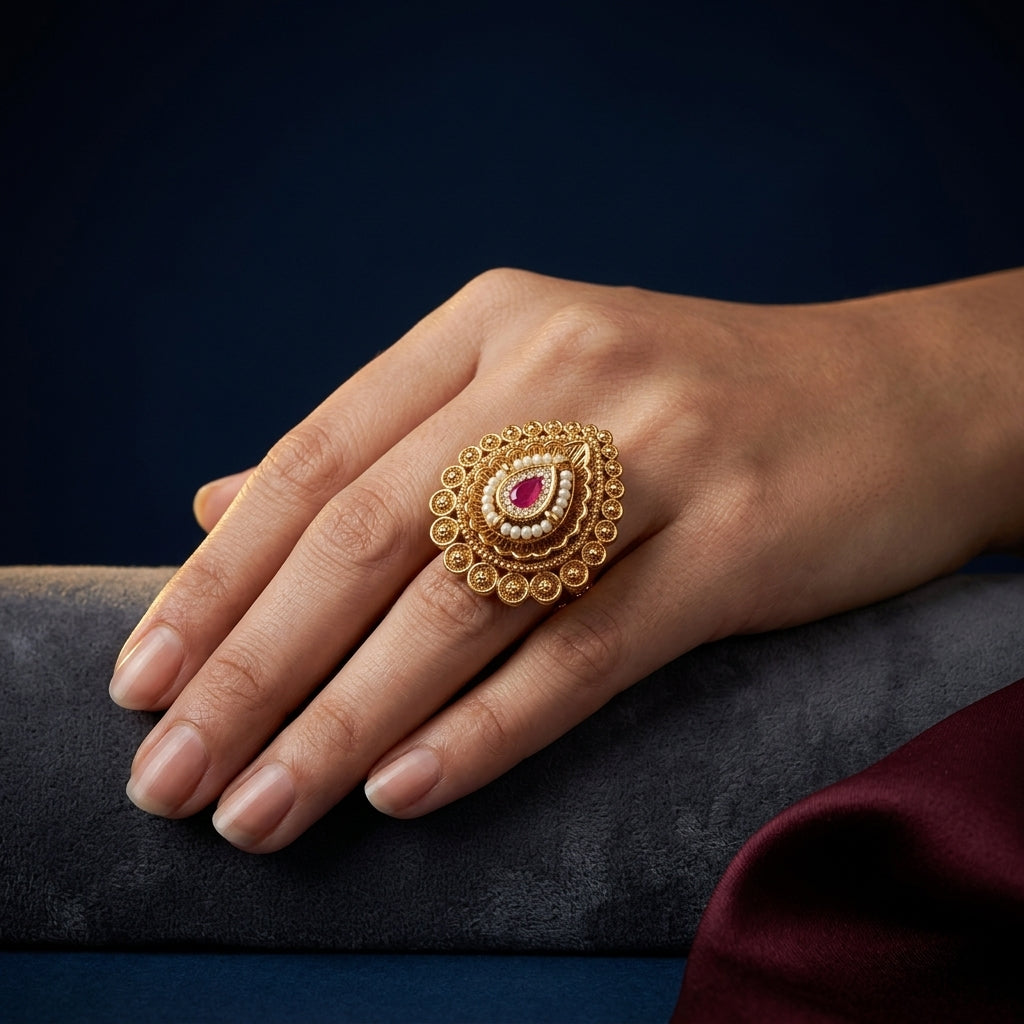 Ruby and White Intricate Floral Teardrop Ring - Mannequin