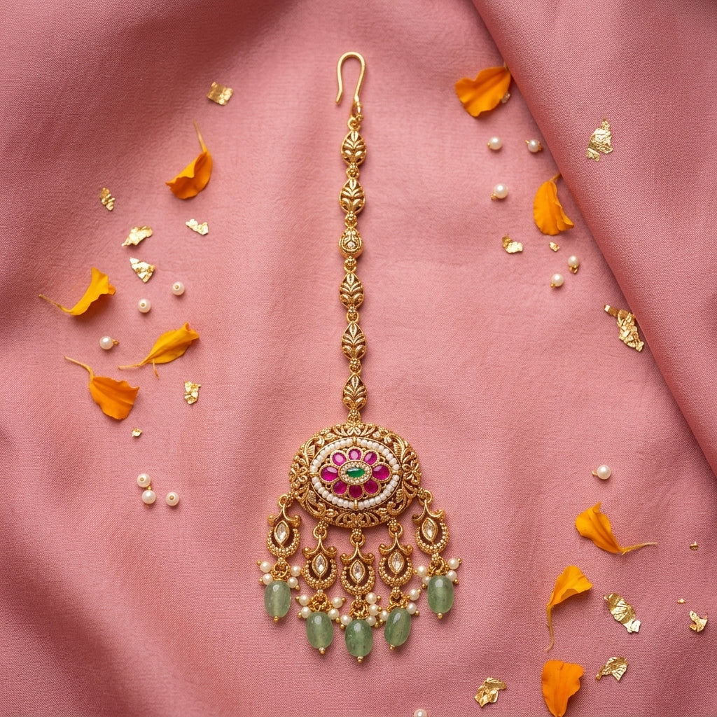 Ruby Green Floral Maang Tikka - Tabletop