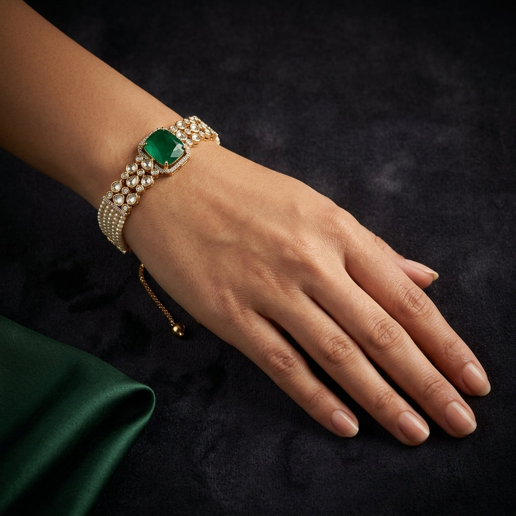 Green Emerald Cut Kundan Bracelet - Mannequin