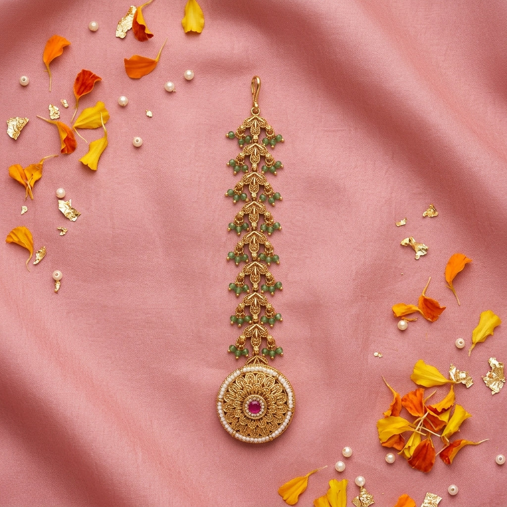 Ruby Green Floral Filigree Maang Tikka - Tabletop