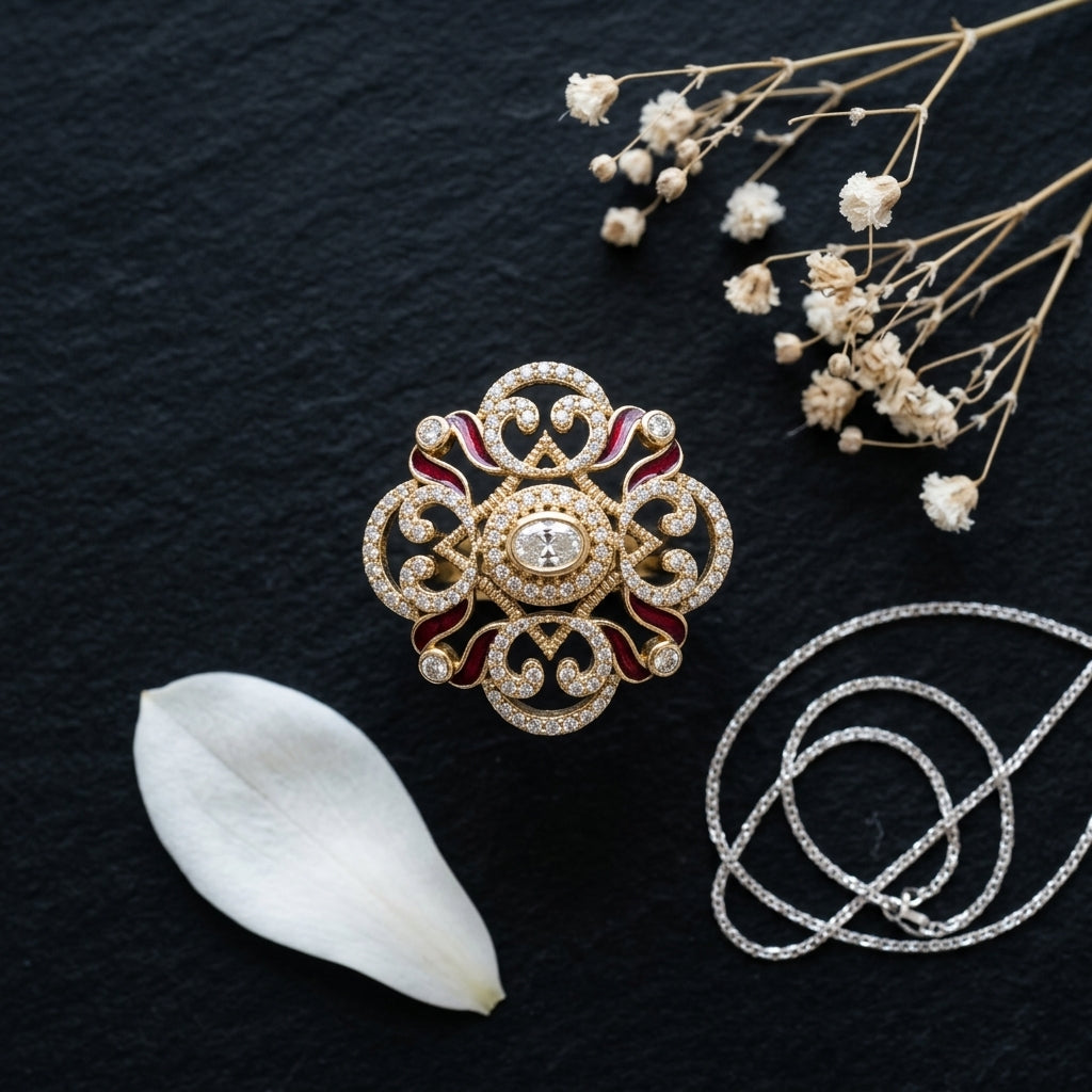 Clear and Ruby Ornate Floral Ring - Tabletop