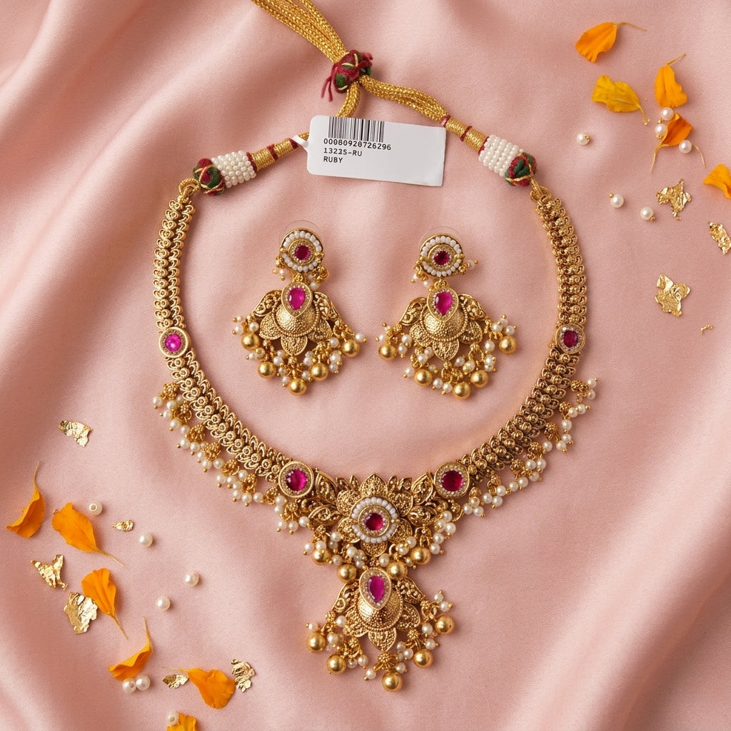 Ruby Floral Carved Necklace Set - Tabletop