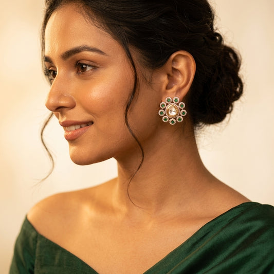 Green Floral Cluster Earrings - Model