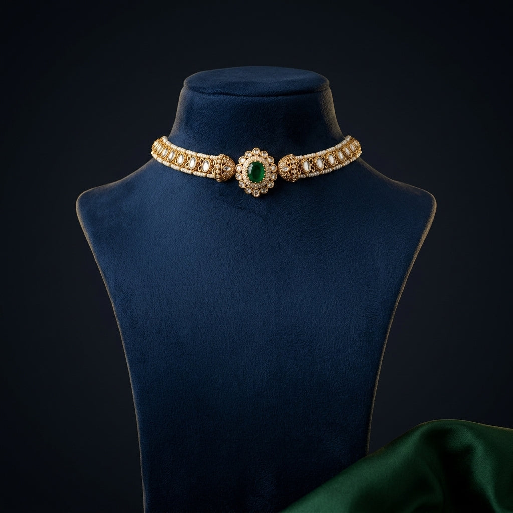 Green and White Ornate Kundan Choker Set - Mannequin