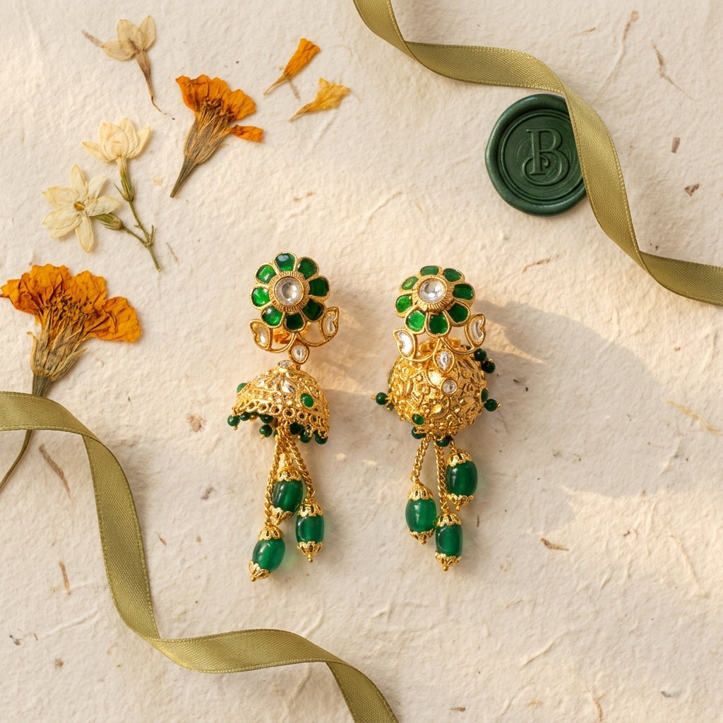 Green and Clear Floral Jhumka Earrings - Tabletop