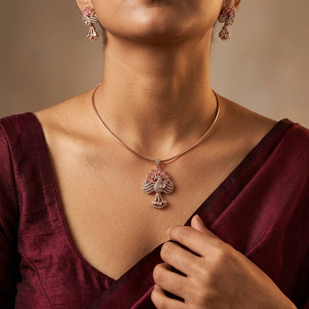 Pink Stylized Peacock Necklace Set - Model