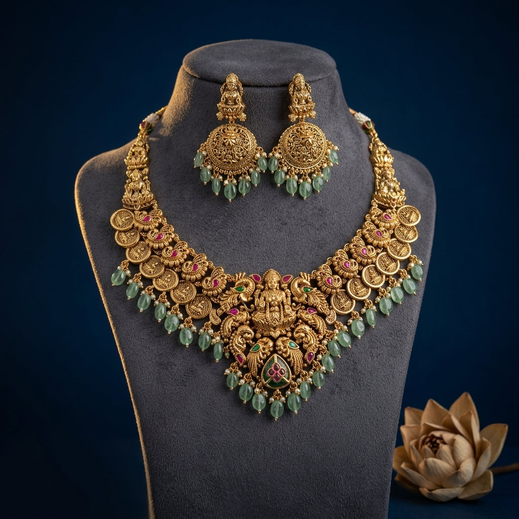 Multi Temple Coin Peacock Necklace Set - Mannequin