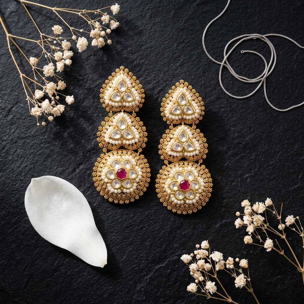Ruby Red Heritage Kundan Earrings - Tabletop