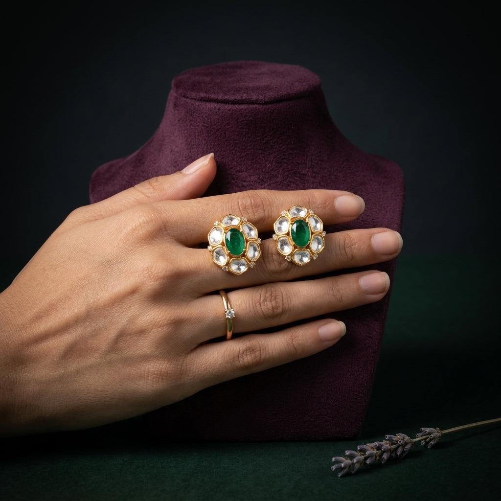 Green White Heritage Kundan Studs Earring - Mannequin