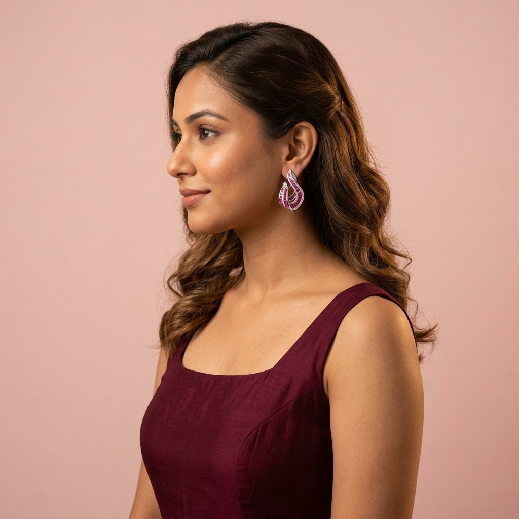 Ruby Wavy Baguette Earrings - Model