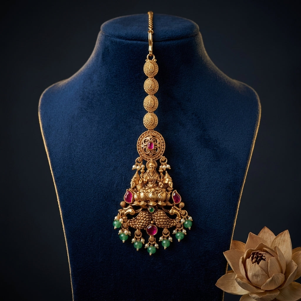 Ruby and Green Temple Peacock Maang Tikka - Mannequin