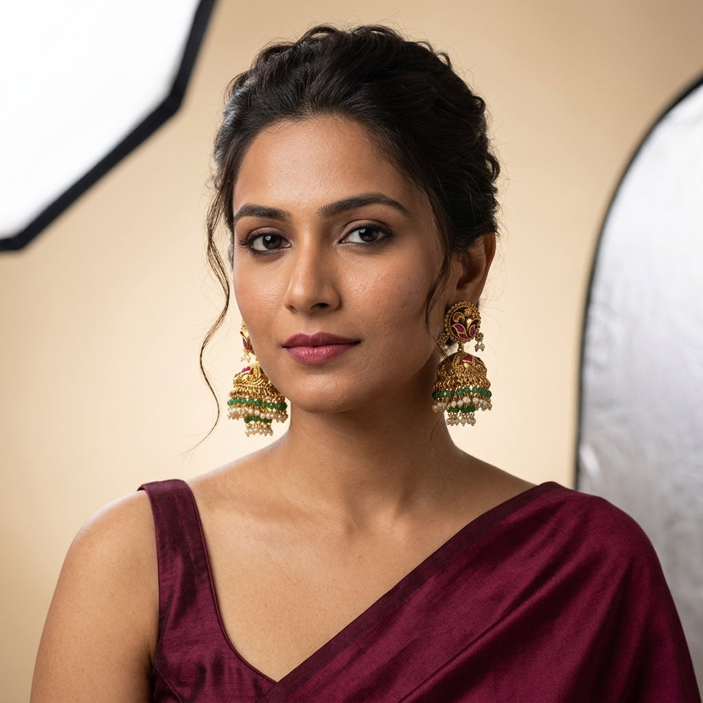 Multi Peacock Jhumka Earrings - Model