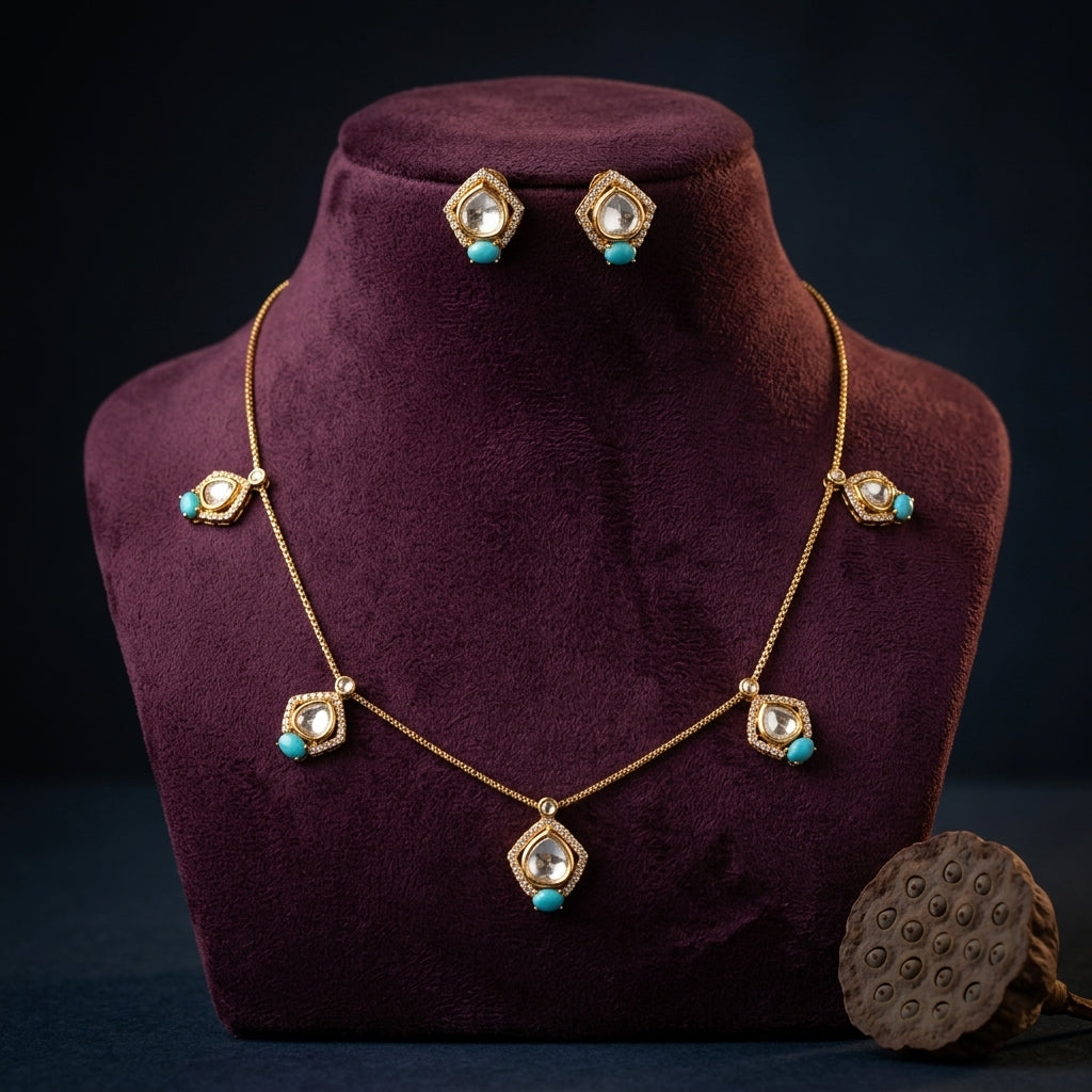 Clear and Turquoise Geometric Cluster Necklace Set - Mannequin