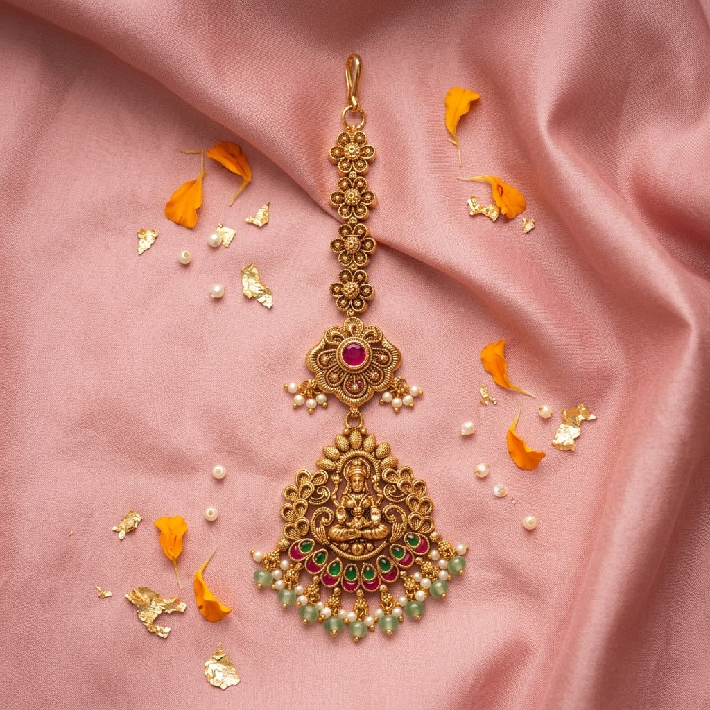 Ruby Green Temple Deity Floral Maang Tikka - Tabletop