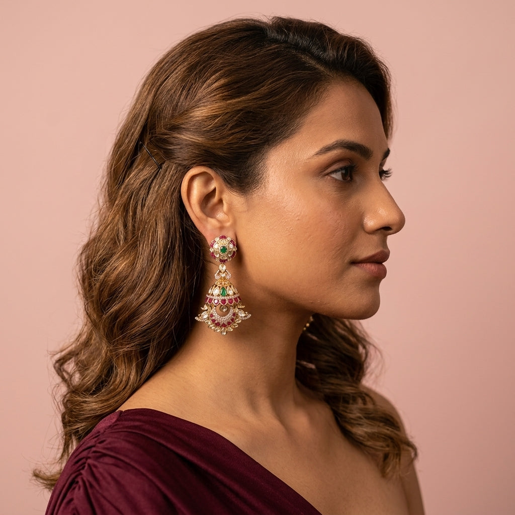 Ruby Green Floral Jhumka Earrings - Model