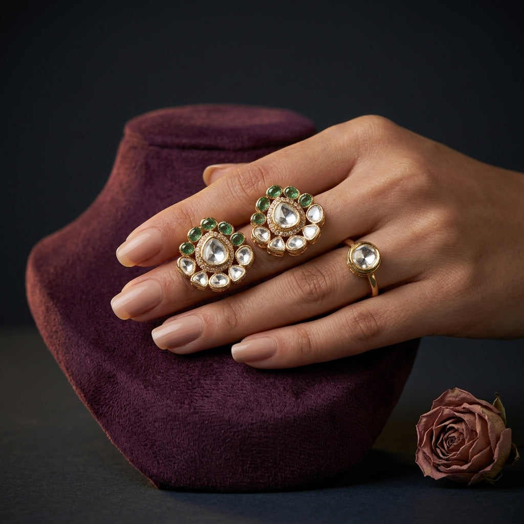 White and Green Petal Cluster Earrings - Mannequin