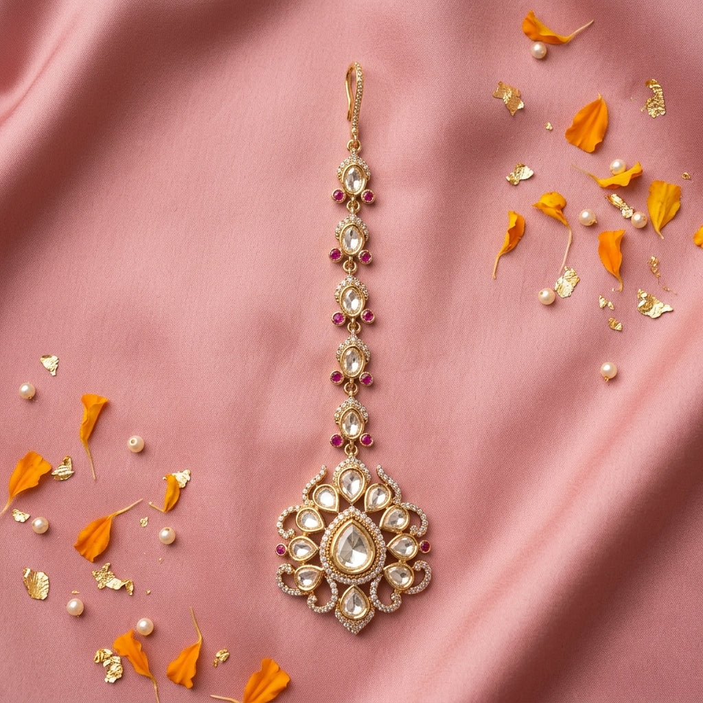 Clear and Ruby Ornate Cluster Maang Tikka - Tabletop