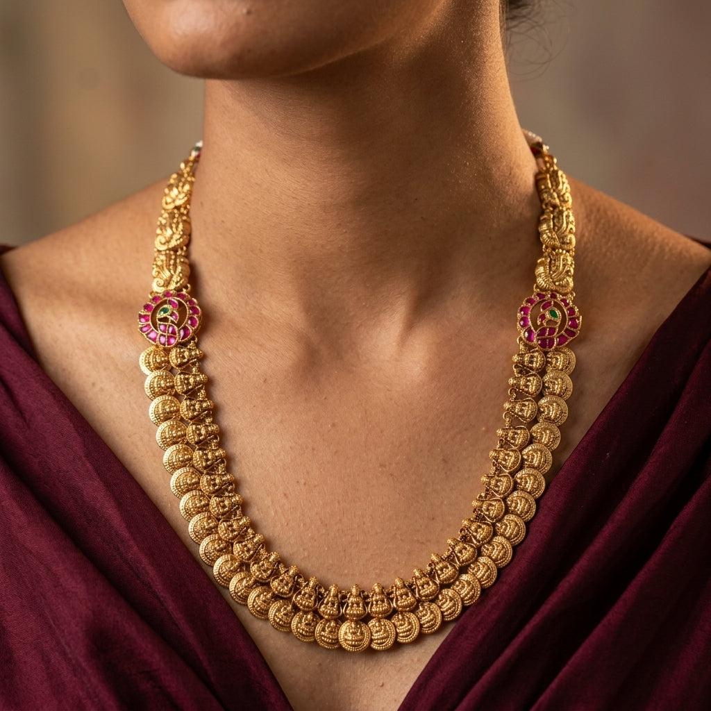 Ruby and Green Lakshmi Coin Temple Necklace Set - Model