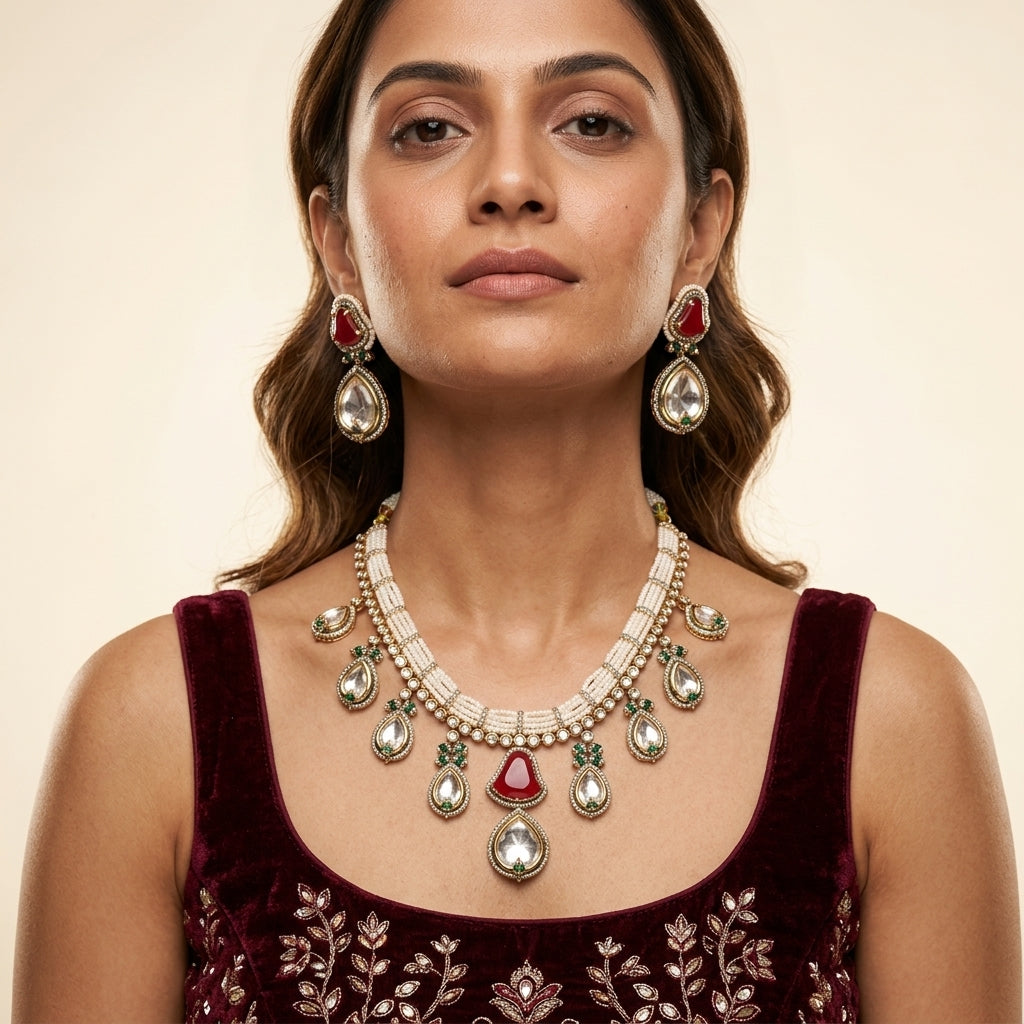 Ruby Green Kidia Teardrop Necklace Set - Model
